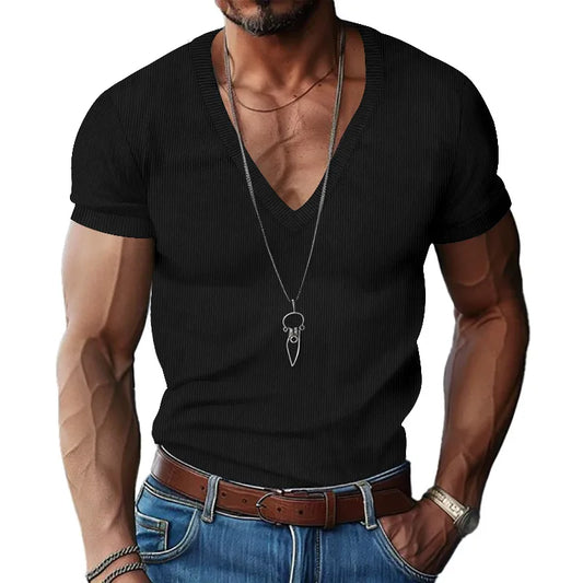 Sexy V Neck Short Sleeve Solid Color T-Shirt Casual Men Slim Corduroy Tee Shirt Tops CBFS-SYG-19