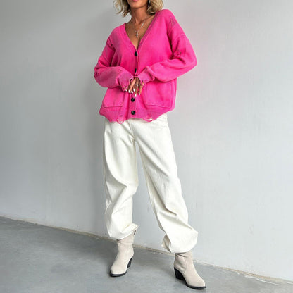 V-hals cardigan i bomuldsblanding til kvinder